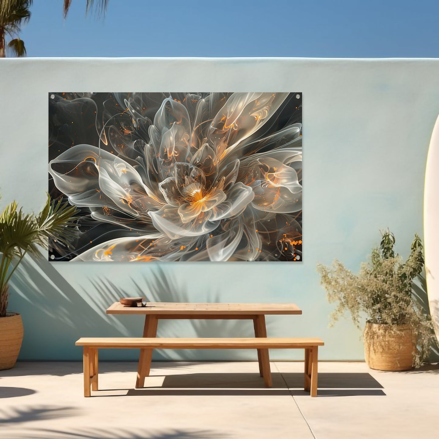 Abstracte digitale bloem met vurige accenten tuinposter