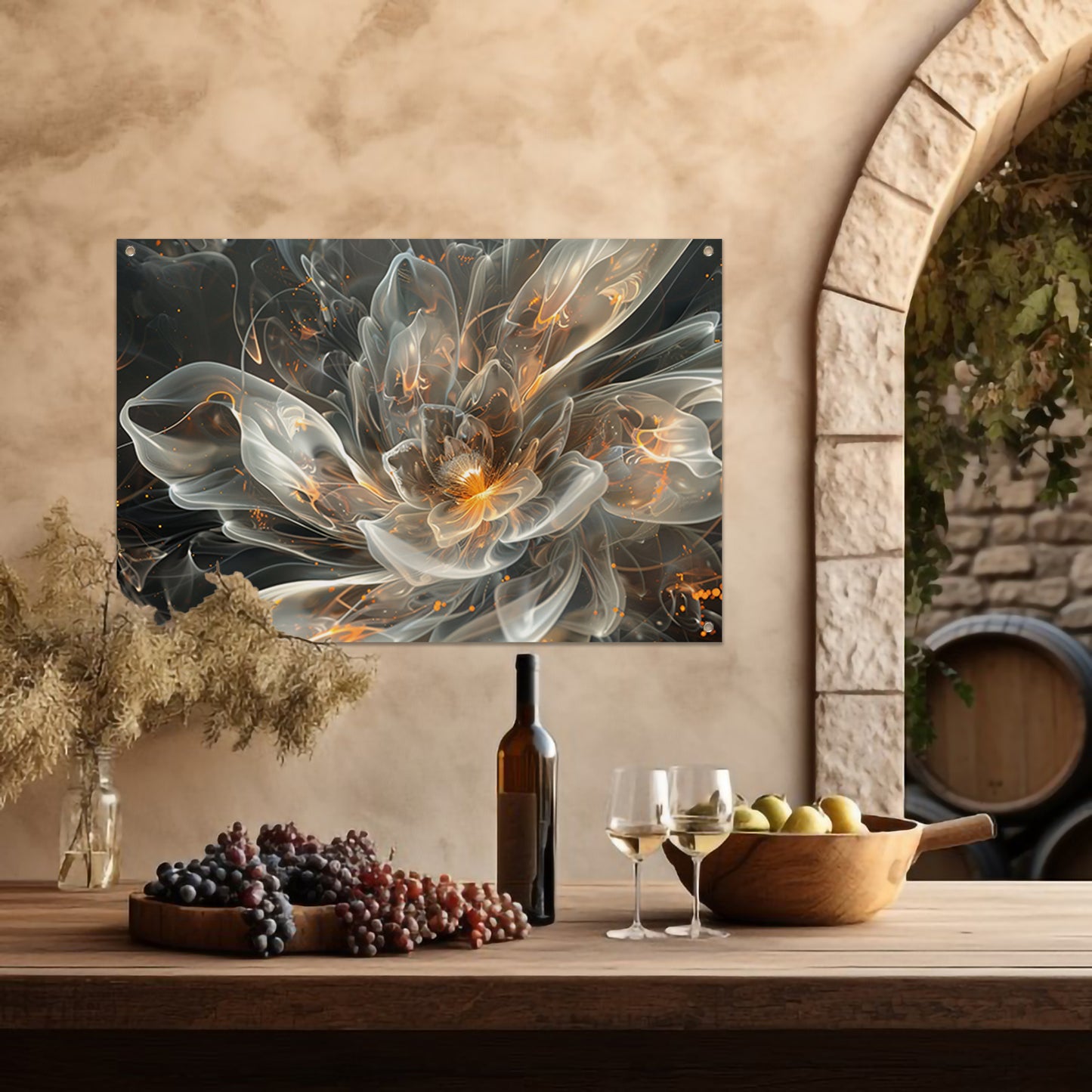 Abstracte digitale bloem met vurige accenten tuinposter