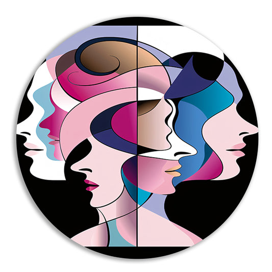 Abstracte gelaagde gezichten in felle kleuren forex muurcirkel