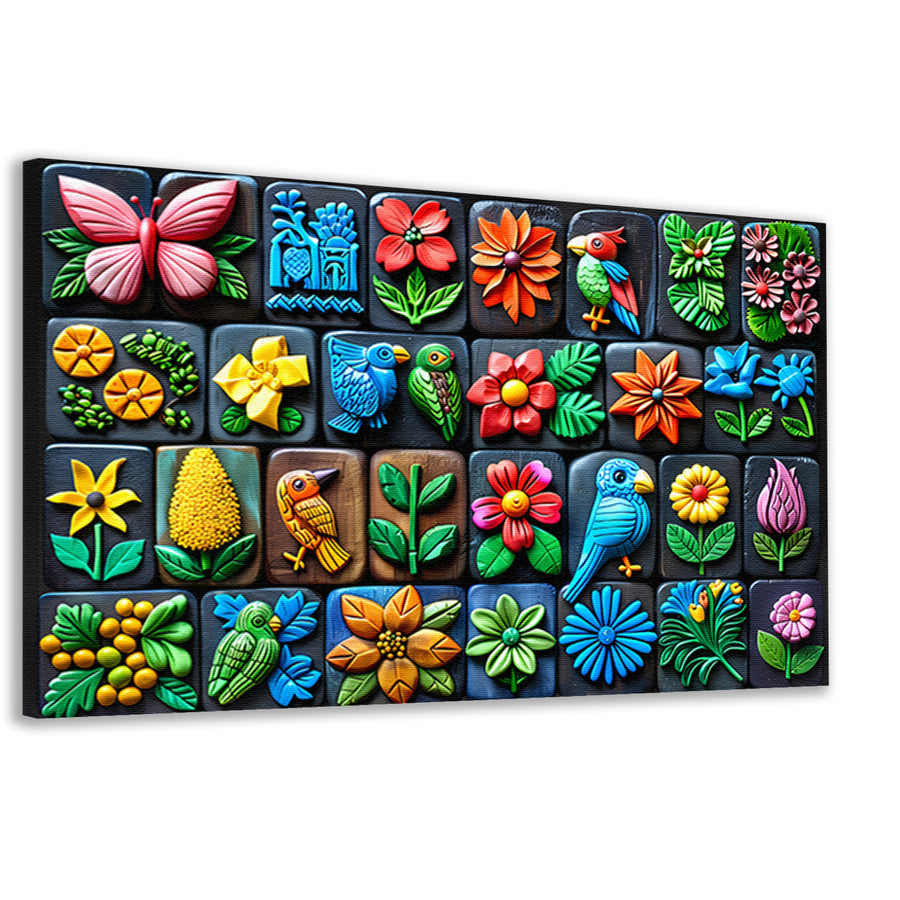 Kleurrijke Bloemen en Vogels in Kunstvorm canvas