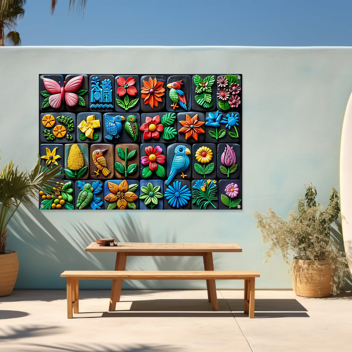 Kleurrijke Bloemen en Vogels in Kunstvorm tuinposter