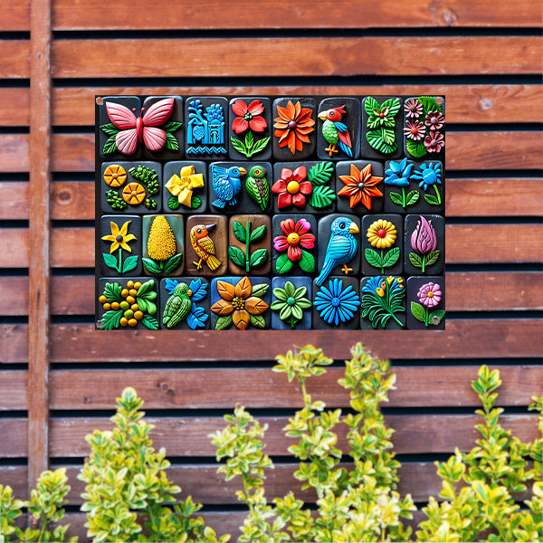 Kleurrijke Bloemen en Vogels in Kunstvorm tuinposter