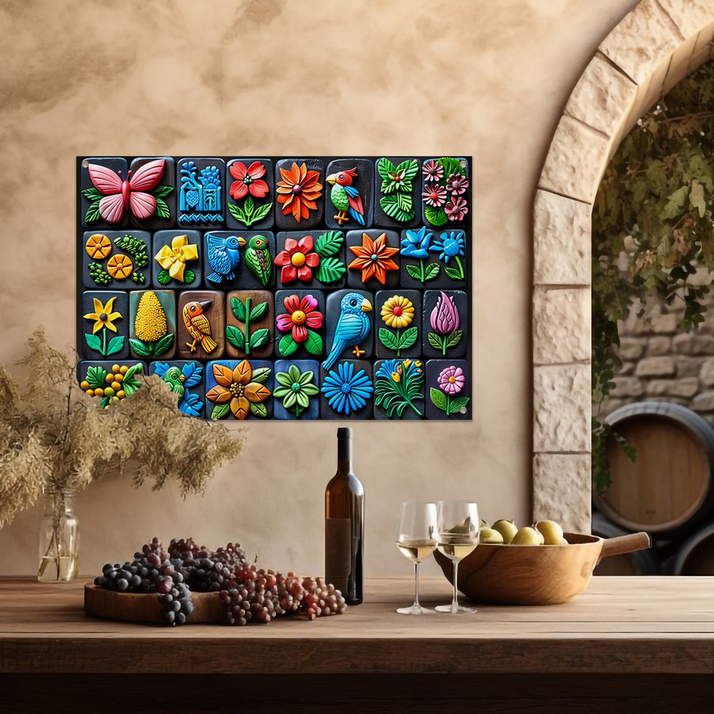 Kleurrijke Bloemen en Vogels in Kunstvorm tuinposter