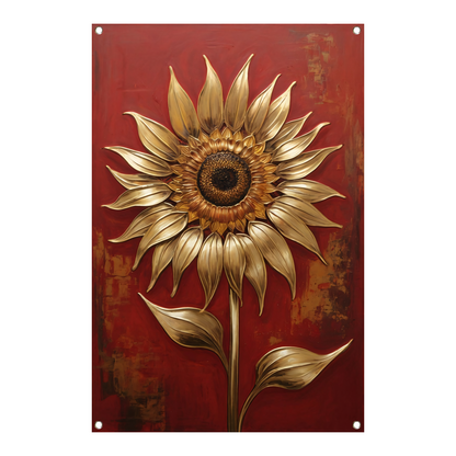Gouden Zonnebloem op Dieprode Achtergrond tuinposter