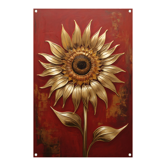 Gouden Zonnebloem op Dieprode Achtergrond tuinposter
