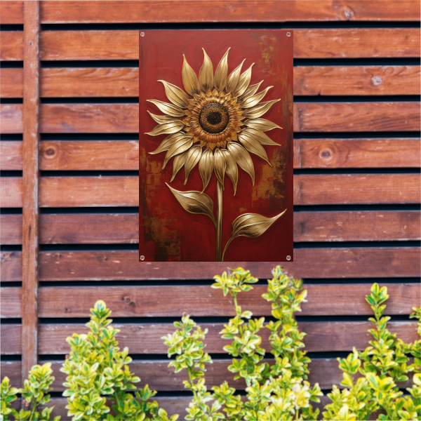 Gouden Zonnebloem op Dieprode Achtergrond tuinposter