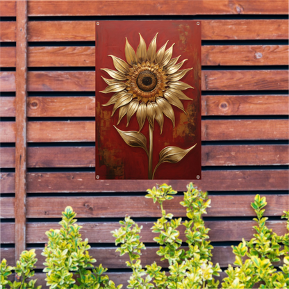 Gouden Zonnebloem op Dieprode Achtergrond tuinposter