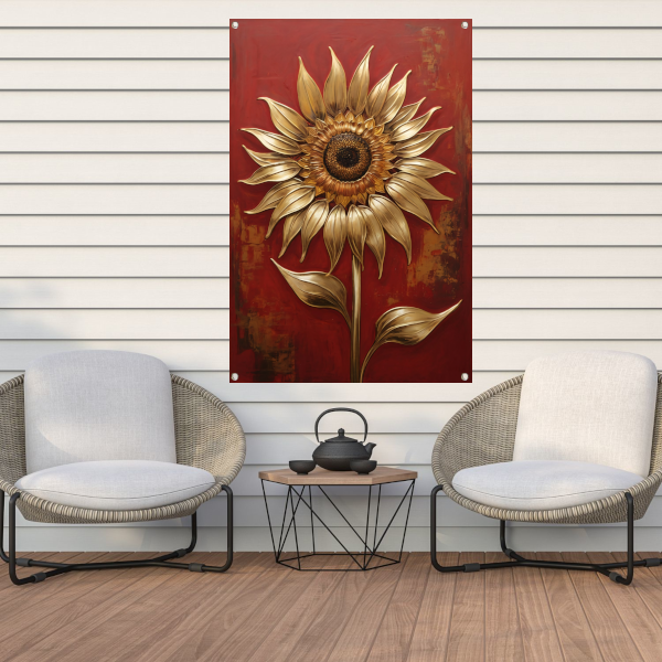 Gouden Zonnebloem op Dieprode Achtergrond tuinposter
