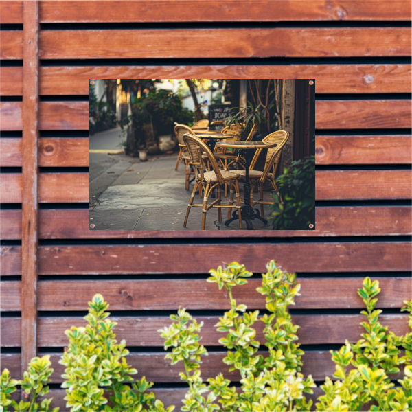 Minimalistische terrasstoelen tuinposter