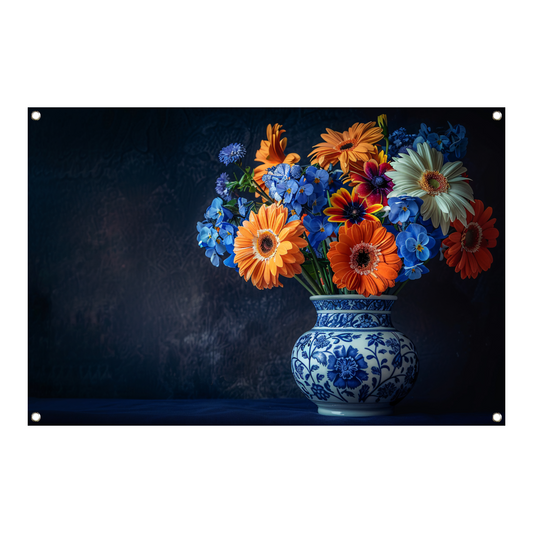 Elegante Bloemensamenstelling in Delfts Blauwe Vaas tuinposter