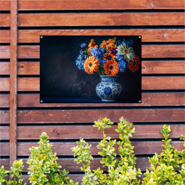 Elegante Bloemensamenstelling in Delfts Blauwe Vaas tuinposter