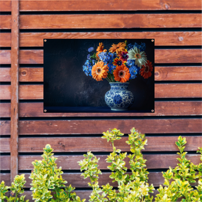 Elegante Bloemensamenstelling in Delfts Blauwe Vaas tuinposter