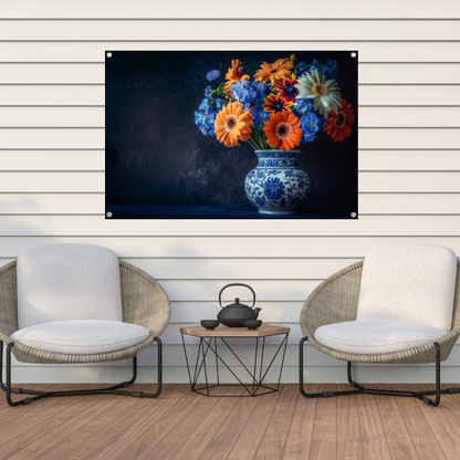Elegante Bloemensamenstelling in Delfts Blauwe Vaas tuinposter