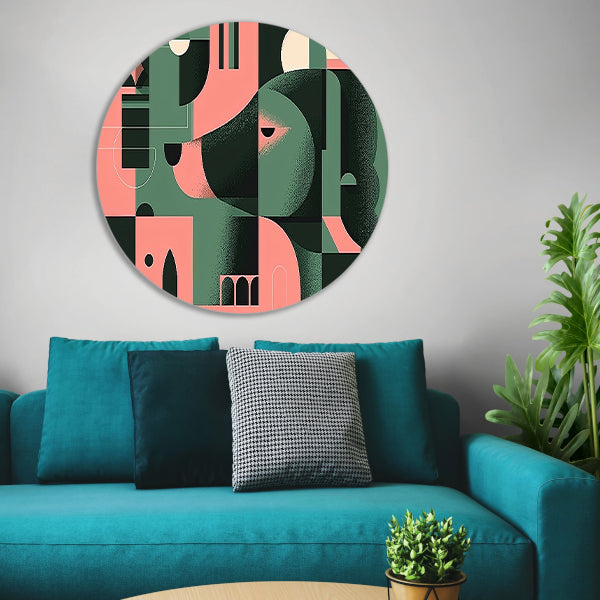 Abstracte hond in geometrische vormen schilderij aluminium muurcirkel
