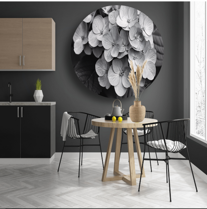 Hydrangea in Zwart-Wit aluminium muurcirkel