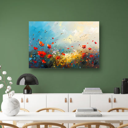 Abstract bloemenveld met felle kleuren en vogels canvas met baklijst