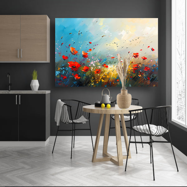 Abstract bloemenveld met felle kleuren en vogels canvas met baklijst