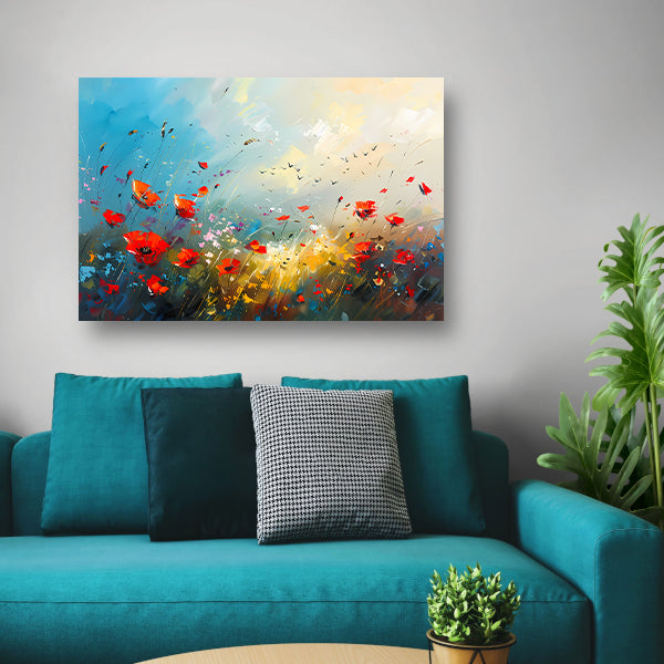 Abstract bloemenveld met felle kleuren en vogels canvas met baklijst