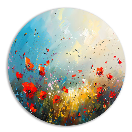 Abstract bloemenveld met felle kleuren en vogels aluminium muurcirkel