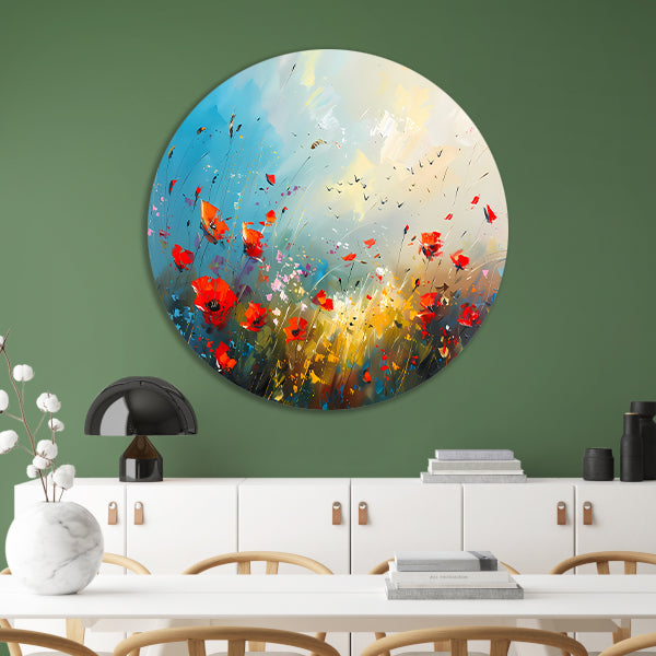 Abstract bloemenveld met felle kleuren en vogels aluminium muurcirkel