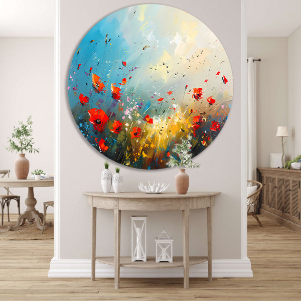 Abstract bloemenveld met felle kleuren en vogels aluminium muurcirkel