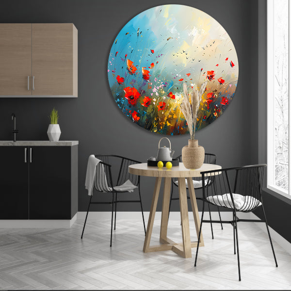 Abstract bloemenveld met felle kleuren en vogels aluminium muurcirkel
