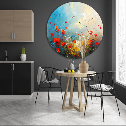 Abstract bloemenveld met felle kleuren en vogels aluminium muurcirkel
