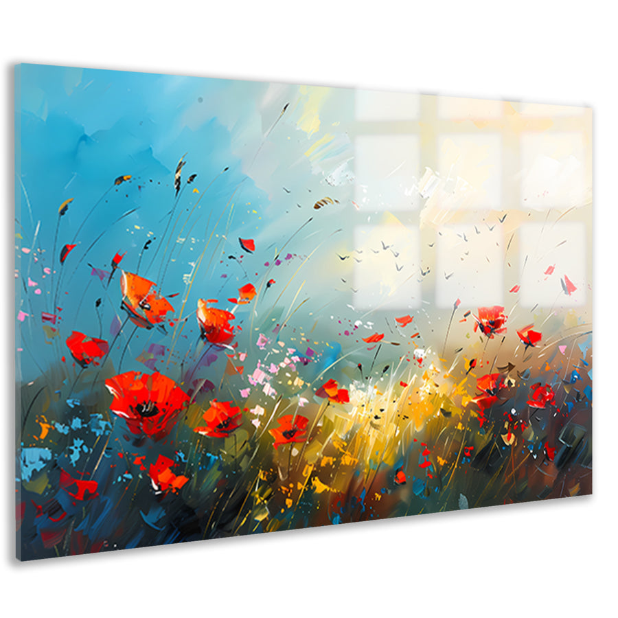Abstract bloemenveld met felle kleuren en vogels acrylglas