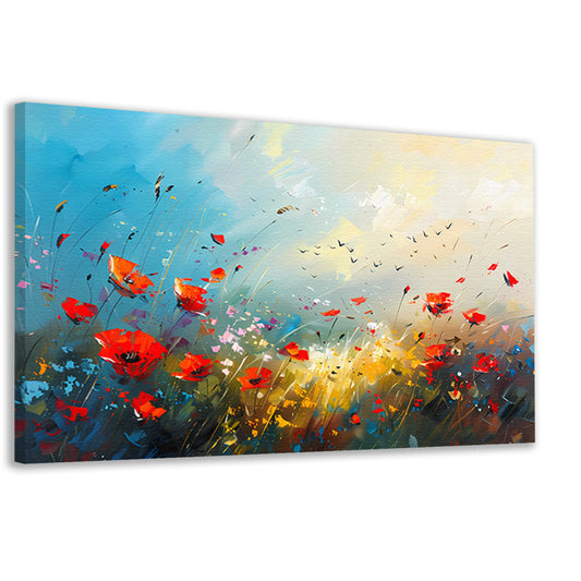 Abstract bloemenveld met felle kleuren en vogels canvas