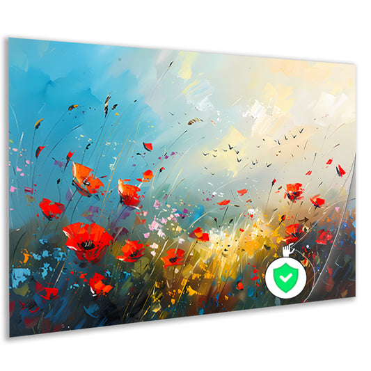 Abstract bloemenveld met felle kleuren en vogels poster