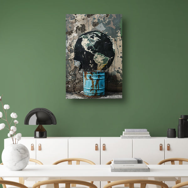 Zwarte wereldbol in blauwe vuilnisbak canvas