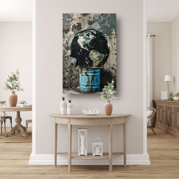 Zwarte wereldbol in blauwe vuilnisbak poster