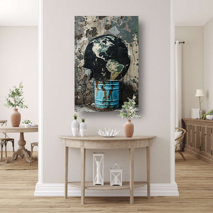 Zwarte wereldbol in blauwe vuilnisbak poster