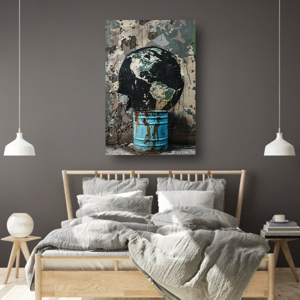 Zwarte wereldbol in blauwe vuilnisbak poster