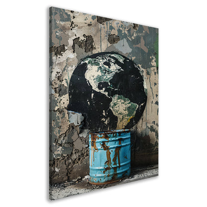 Zwarte wereldbol in blauwe vuilnisbak canvas