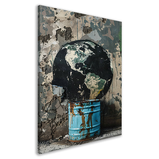 Zwarte wereldbol in blauwe vuilnisbak canvas