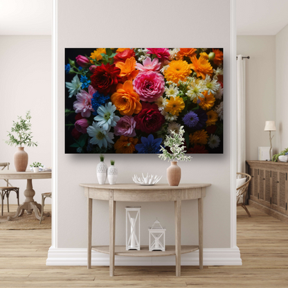 Levendige Bloemendiversiteit op Donkere Achtergrond poster