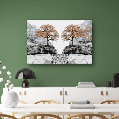 Symmetrische bomen boven rotsachtige kloof poster