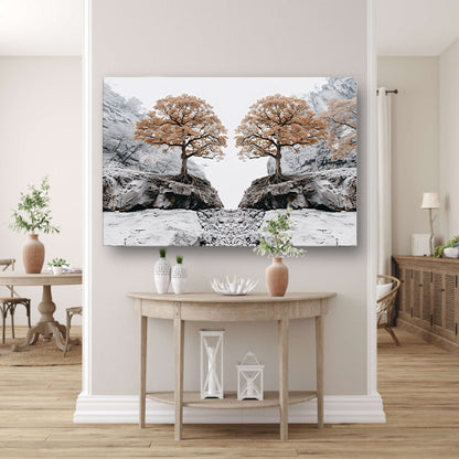 Symmetrische bomen boven rotsachtige kloof poster