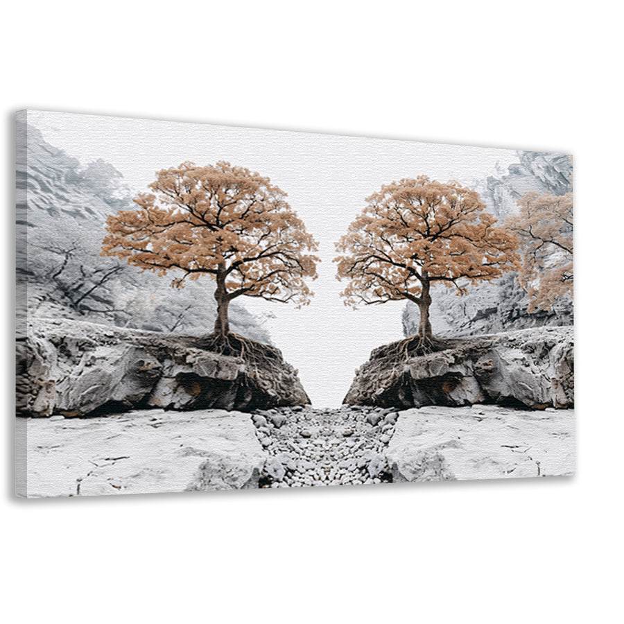 Symmetrische bomen boven rotsachtige kloof canvas