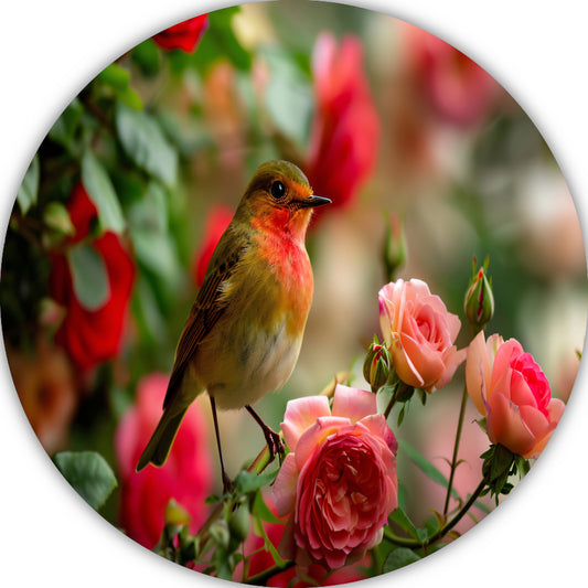 Elegante vogel rustend tussen roze rozen aluminium muurcirkel