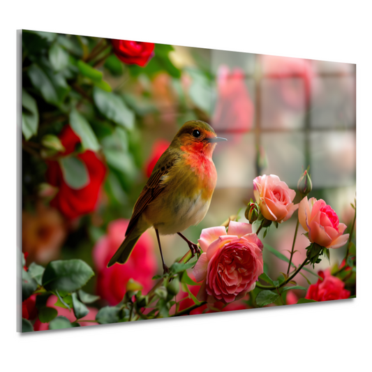 Elegante vogel rustend tussen roze rozen acrylglas