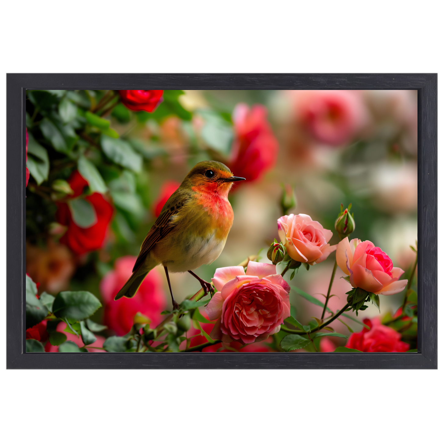 Elegante vogel rustend tussen roze rozen canvas met baklijst
