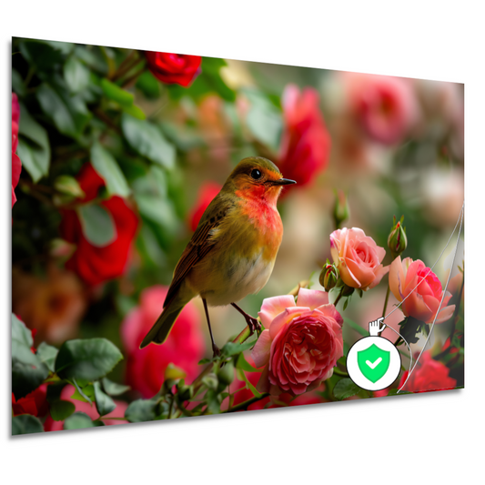 Elegante vogel rustend tussen roze rozen poster