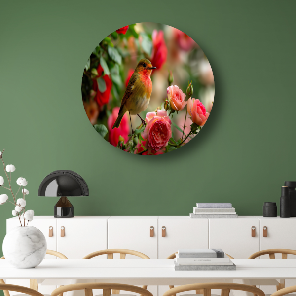 Elegante vogel rustend tussen roze rozen forex muurcirkel