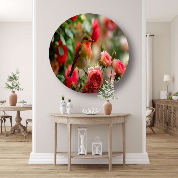 Elegante vogel rustend tussen roze rozen forex muurcirkel
