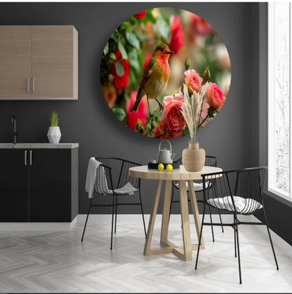 Elegante vogel rustend tussen roze rozen forex muurcirkel