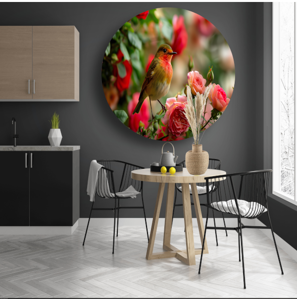 Elegante vogel rustend tussen roze rozen aluminium muurcirkel
