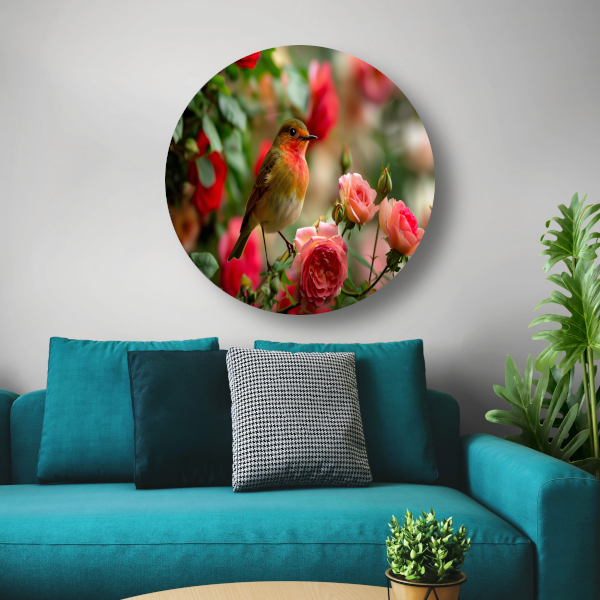 Elegante vogel rustend tussen roze rozen forex muurcirkel