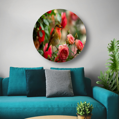 Elegante vogel rustend tussen roze rozen forex muurcirkel